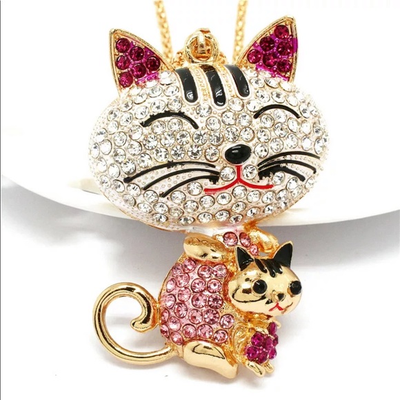 Pink Cat and Kitten Necklace - Picture 1 of 3